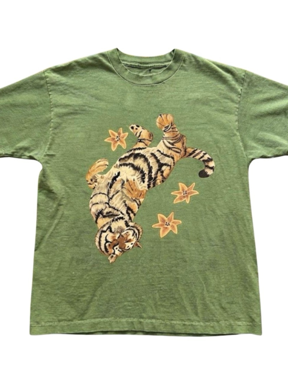 Gildan Green Short Sleeve Tee with Tiger & Flower Print